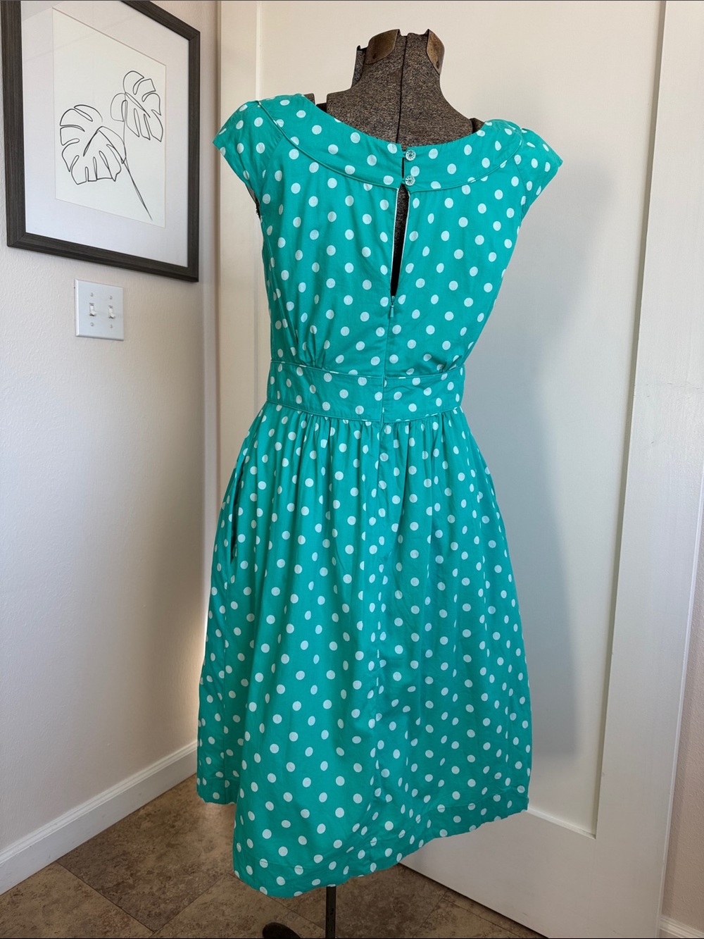 Teal Polka Dot Midi Dress with Pockets - Picture 2 of 3